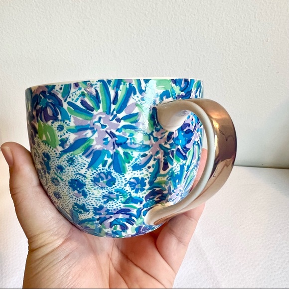 Lilly Pulitzer Cup Coffee Blue Floral with Hidden Cats Gold Trim Ceramic Mugs - Picture 4 of 4